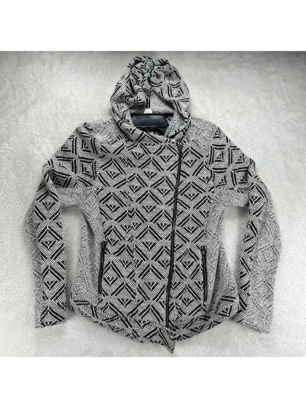 Lucky Full Zip Womens L Hooded Moto Jacket Sweater Aztec Design Southwest